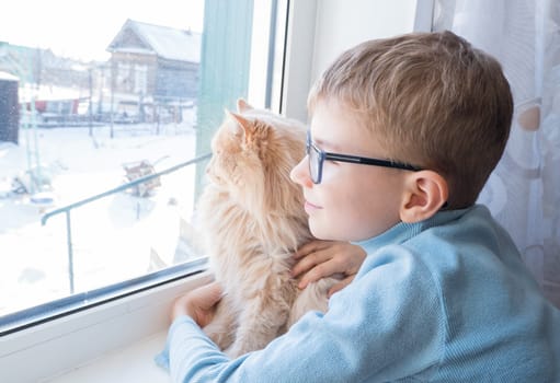 Beautiful scene two friends looking out fo window. Small boy with a cat stares out of window watching falling snow, focus on cat.