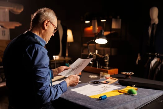 Senior dressmaker conceptualizing outfits for comissioning customer following handdrawn drafts. Elderly tailor looking over sketch drawings, preparing to create bespoken sartorial clothing pieces