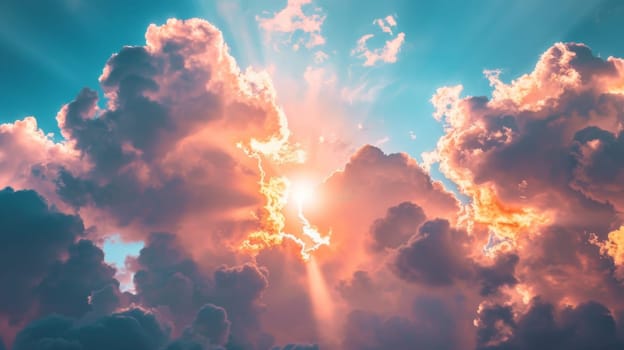 A bright sun shining through a cloud filled sky