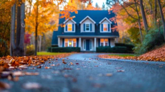 A house sitting on a street with leaves all around it