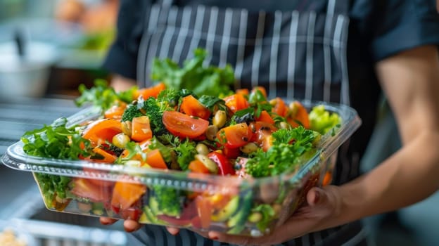 A person holding a plastic container of fresh vegetables