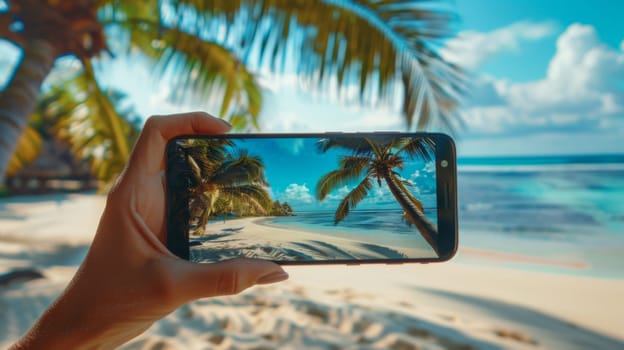 A person holding a cell phone up to take pictures of the beach