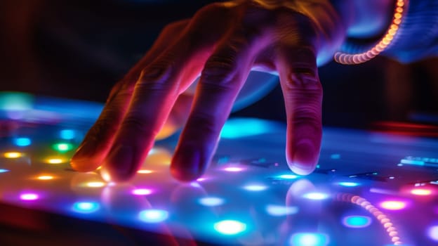 A person's hands are on a colorful keyboard with lights