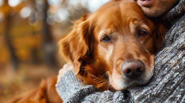 A man hugging a dog in his arms while wearing a sweater