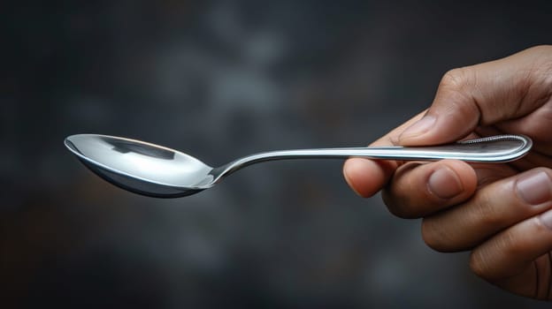 A person holding a spoon in their hand with the handle facing them