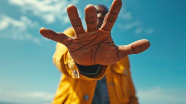 A man in yellow jacket with hand outstretched to the sky