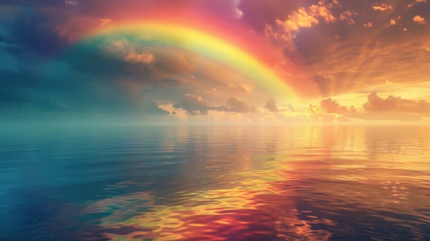 A rainbow is seen over the water in a sunset