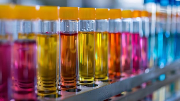 A row of test tubes filled with different colored liquids