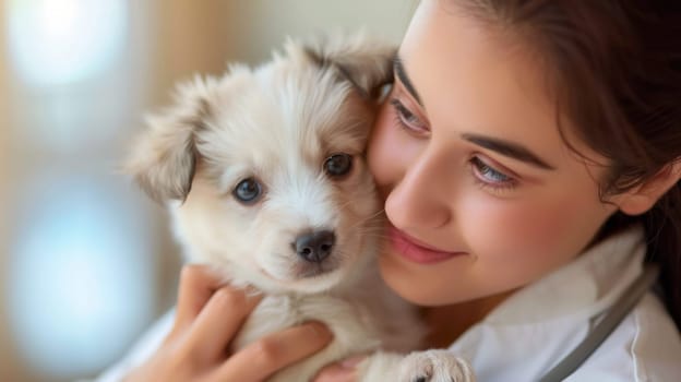 A woman holding a small white dog in her arms