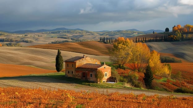 A small house in a field surrounded by trees and fields