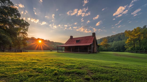 A small cabin sitting in a field with the sun setting behind it