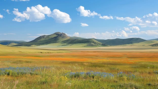 A large open field with mountains in the background