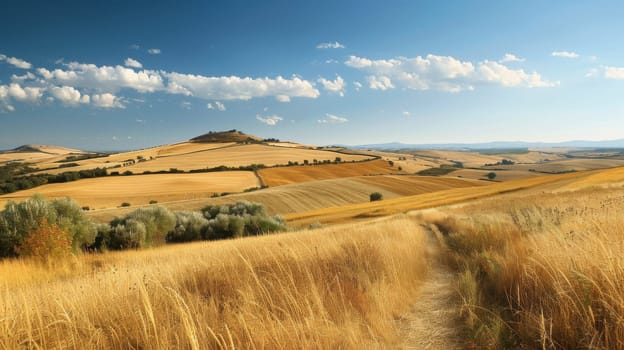 A dirt path through a field of tall grass and trees