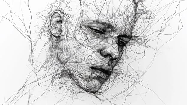 A drawing of a man's face with many lines