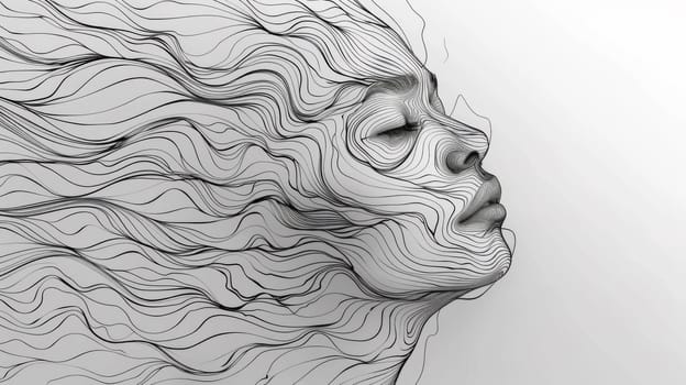 A woman's face is made up of lines and wavy hair