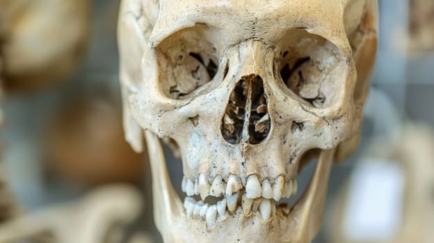 A close up of a human skull with teeth missing