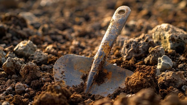 A shovel laying in the dirt with a bunch of rocks around it