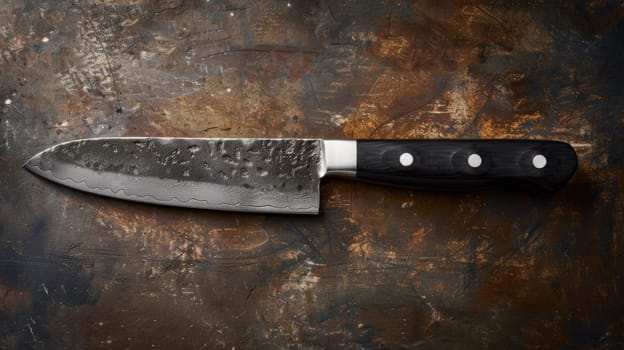 A large knife sitting on a rusty surface with black and white spots