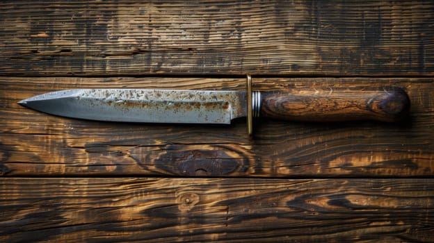 A rusty knife on a wooden table with rust stains