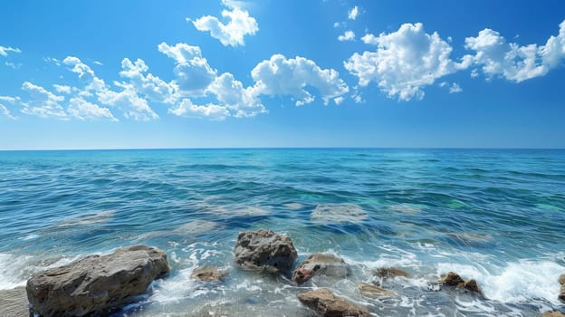 A view of a body of water with rocks and clouds