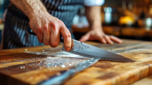 A person cutting a piece of meat with a large knife