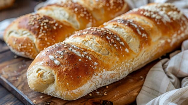 Two loaves of bread are sitting on a wooden cutting board