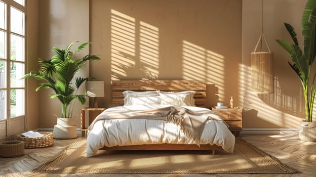A bedroom with a bed, two plants and some windows