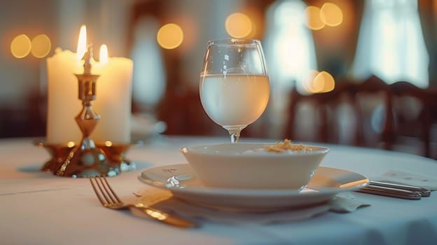 A table setting with a glass of wine and some food