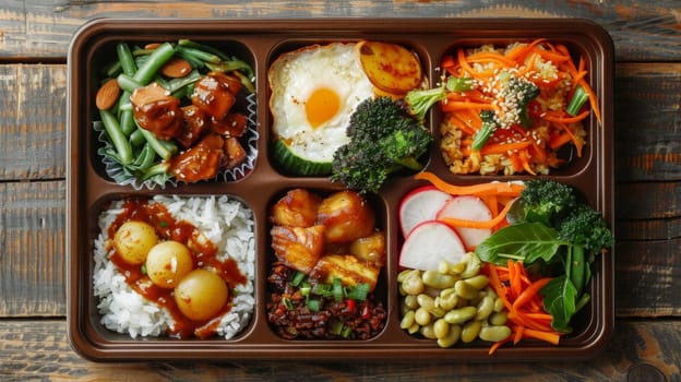 A tray of a meal with rice, broccoli and other vegetables