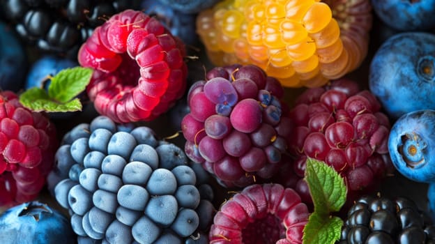 A close up of a bunch of different colored berries and leaves