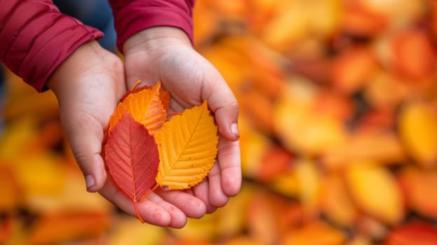 A person holding a handful of colorful leaves in their hands