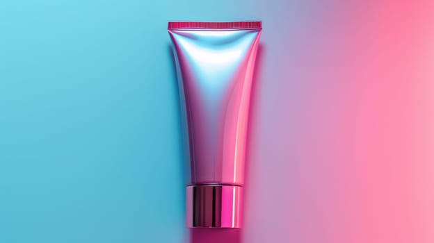 A tube of cosmetic cream on a pink and blue background