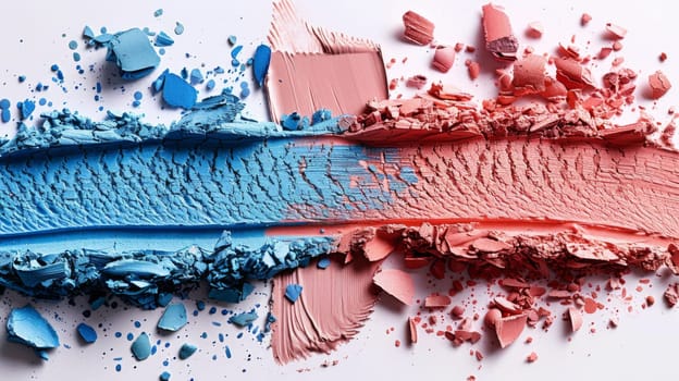 A close up of two different colored makeup brushes with blue and red paint