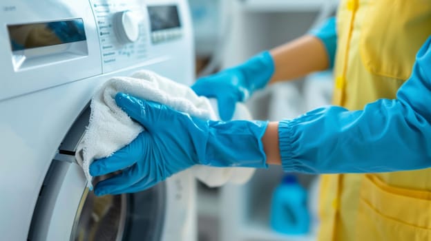 A person in blue gloves and yellow rubber glove cleaning a washing machine