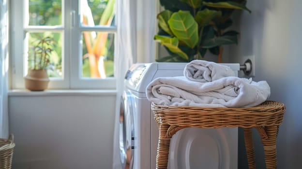 A stack of towels on a wicker chair in front of the washer