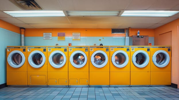 A row of yellow laundry machines in a room with blue tiles