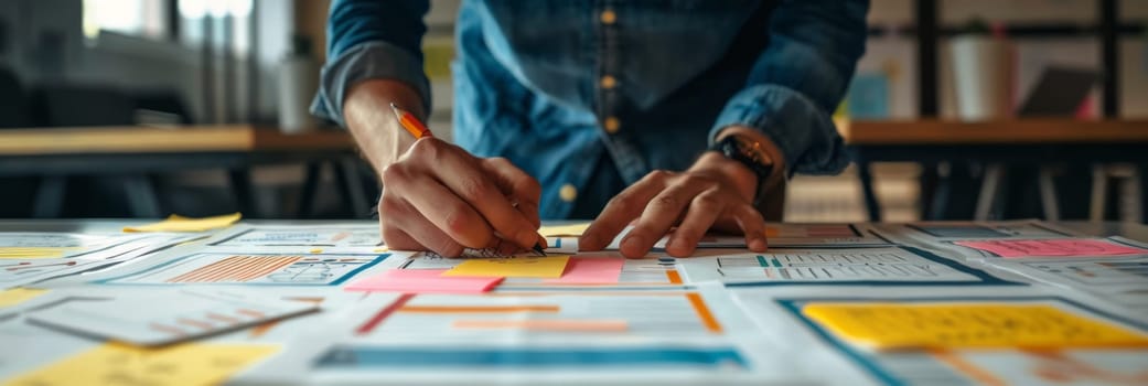 A person is writing on a piece of paper with sticky notes