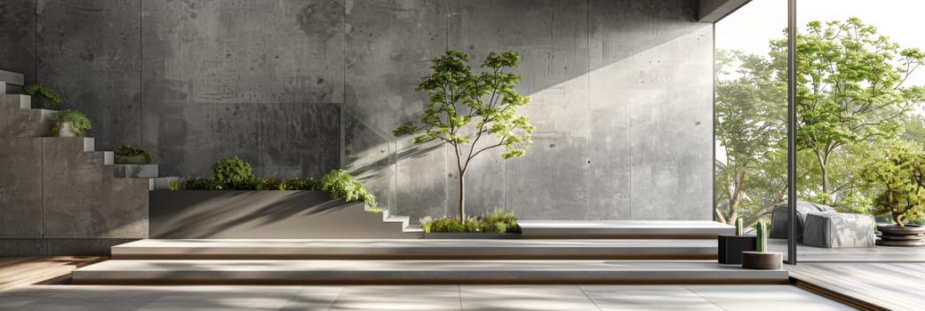 A concrete steps leading up to a large window with plants