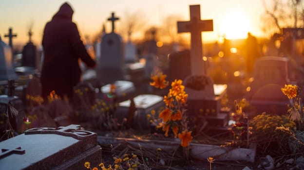 A person walking through a cemetery at sunset with flowers and graves