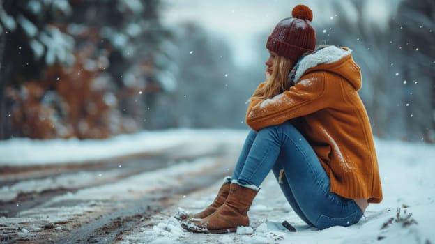 A woman sitting on the side of a road in snow