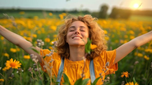 A woman in yellow shirt standing with arms outstretched and smiling