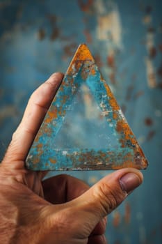 A person holding a triangle shaped object in their hand