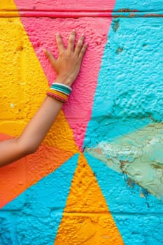 A person with a colorful painted wall in front of them