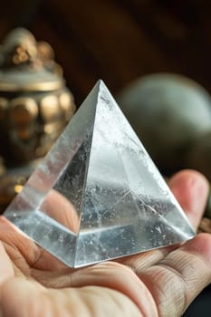 A person holding a clear crystal in their hand