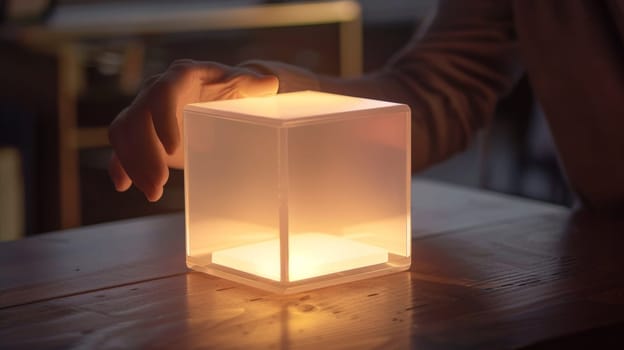 A person holding a small light box on top of a table