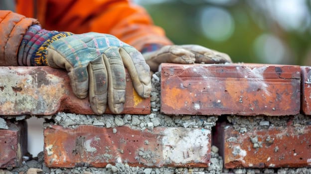 A man in a hard hat and gloves is holding up bricks
