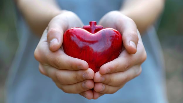 A person holding a red heart shaped object in their hands