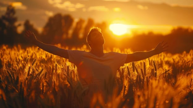 A man standing in a field with his arms outstretched