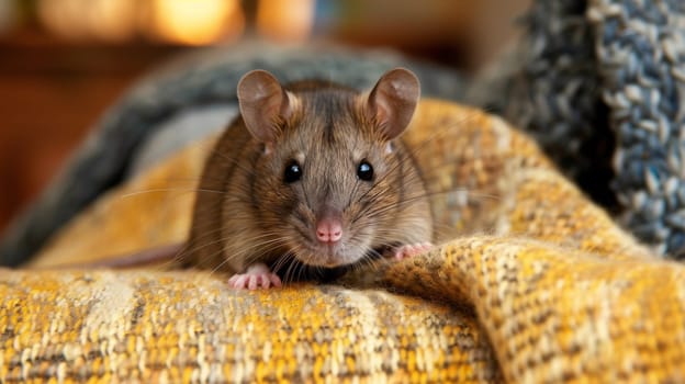 A close up of a mouse sitting on top of a blanket