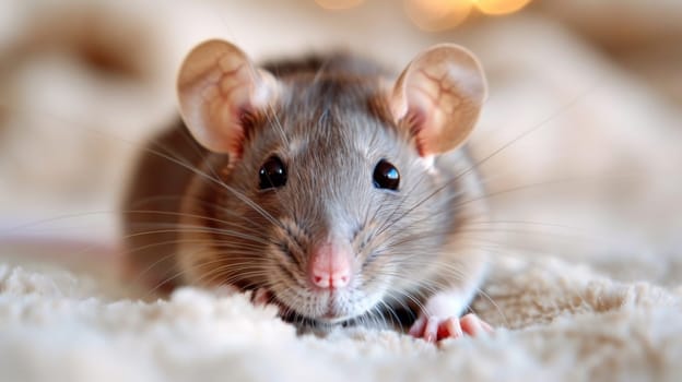 A close up of a mouse looking at the camera on top of some fur